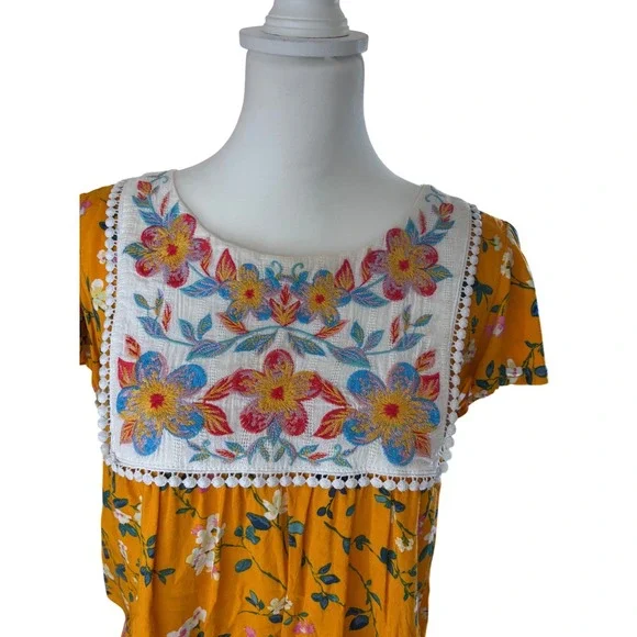 Savanna Jane Cottagecore Yellow Floral Embroidered Boho Pom Pom Trim Blouse M - Picture 3 of 13